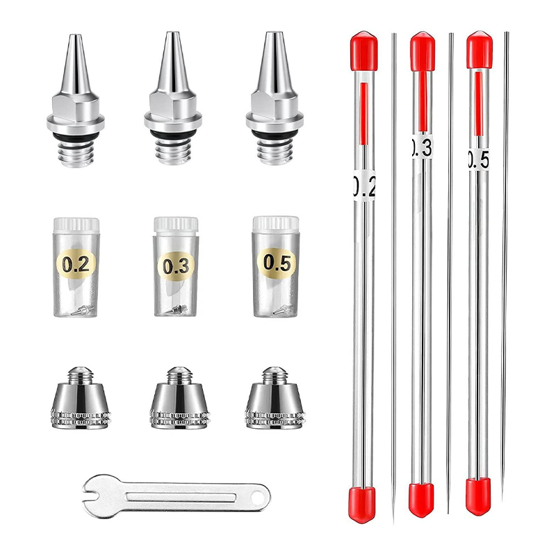 Püskürtme tabancası aksesuarları için 0.2mm, 0.3mm ve 0.5mm hava fırçası, iğneler, nozul kapakları ve mini anahtarlı 10 parçalı Airbrush yedek parçaları kiti